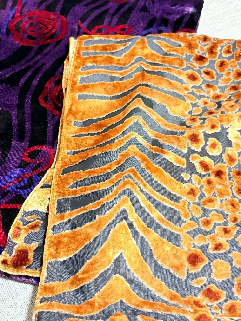Two Velvet Long Women's Scarfs Purple & Black Abstract and Animal Print